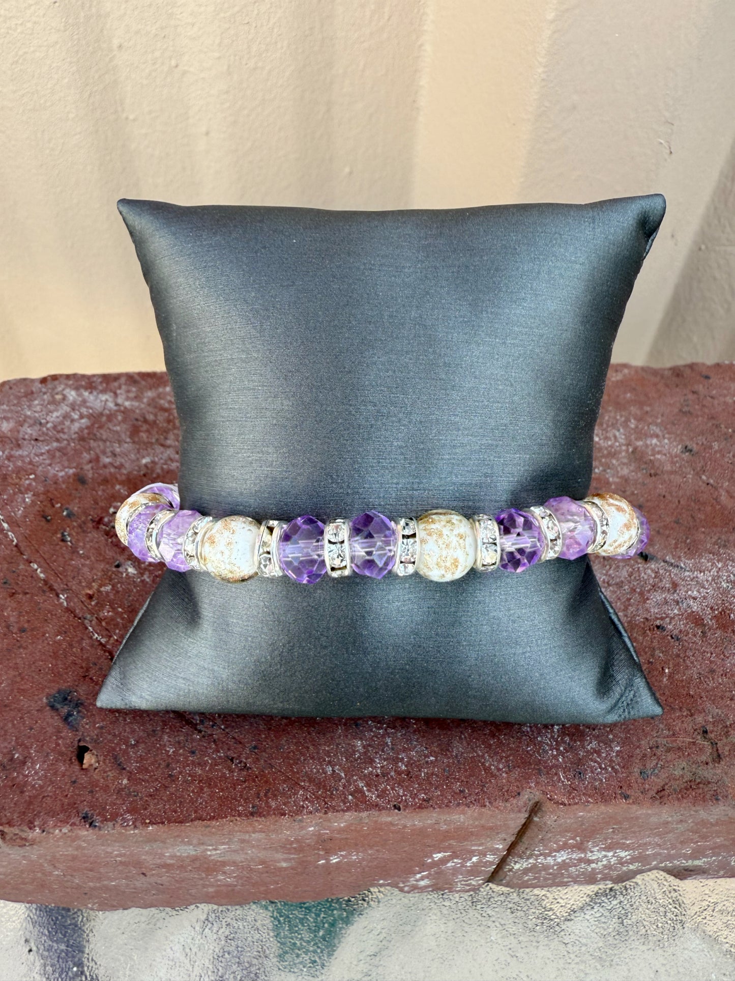 Murano Bead Stretch Bracelet-- Purple and white/gold marble with silver accents