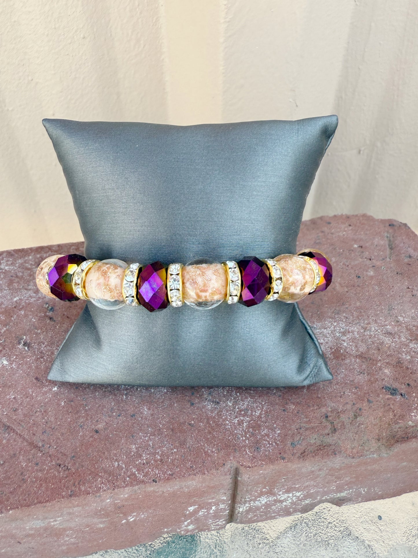 Murano Bead Stretch Bracelet-- purple, light pink, and gold