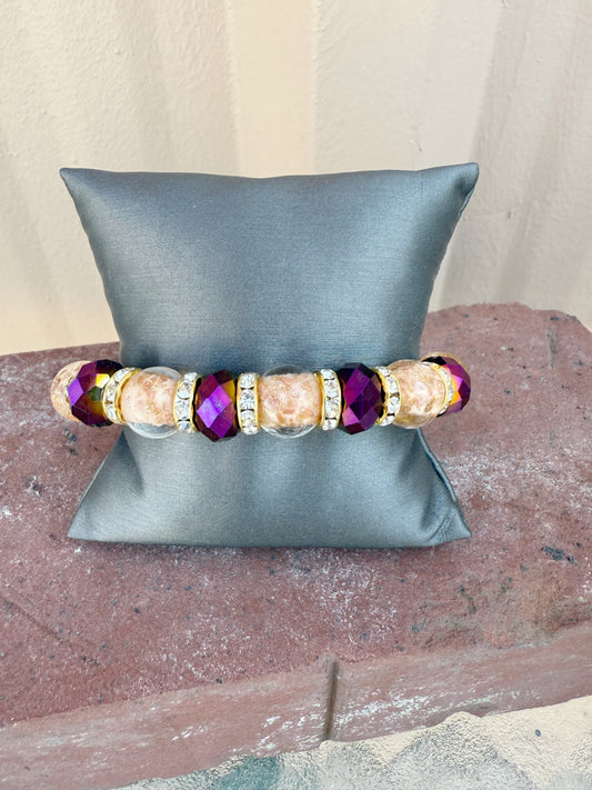Murano Bead Stretch Bracelet-- purple, light pink, and gold