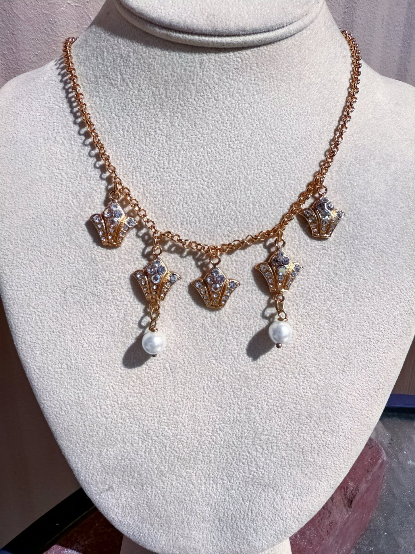 Pearl and Crown Dangle Necklace