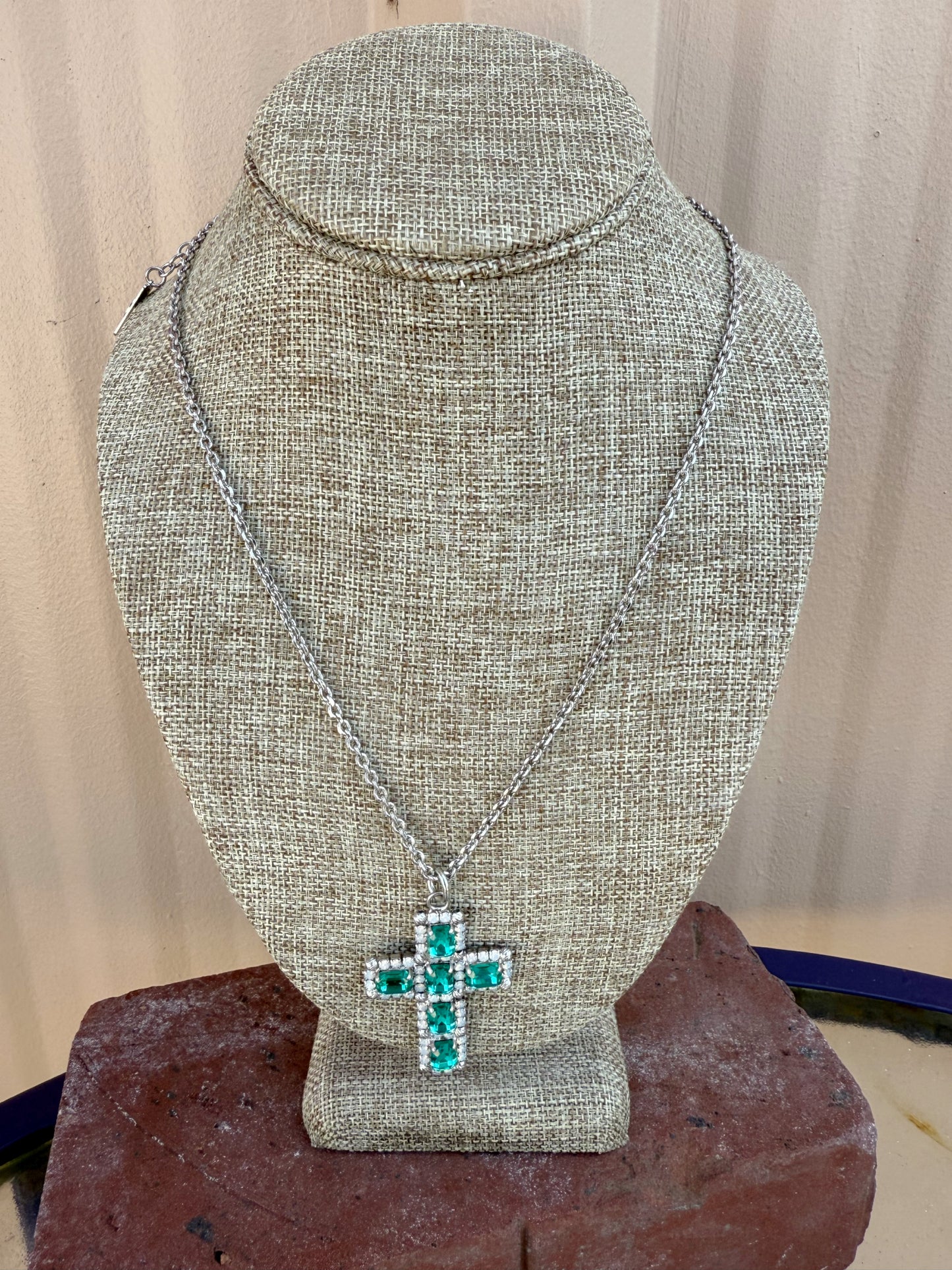 MonnaLuna Cross Necklace-- Teal on silver