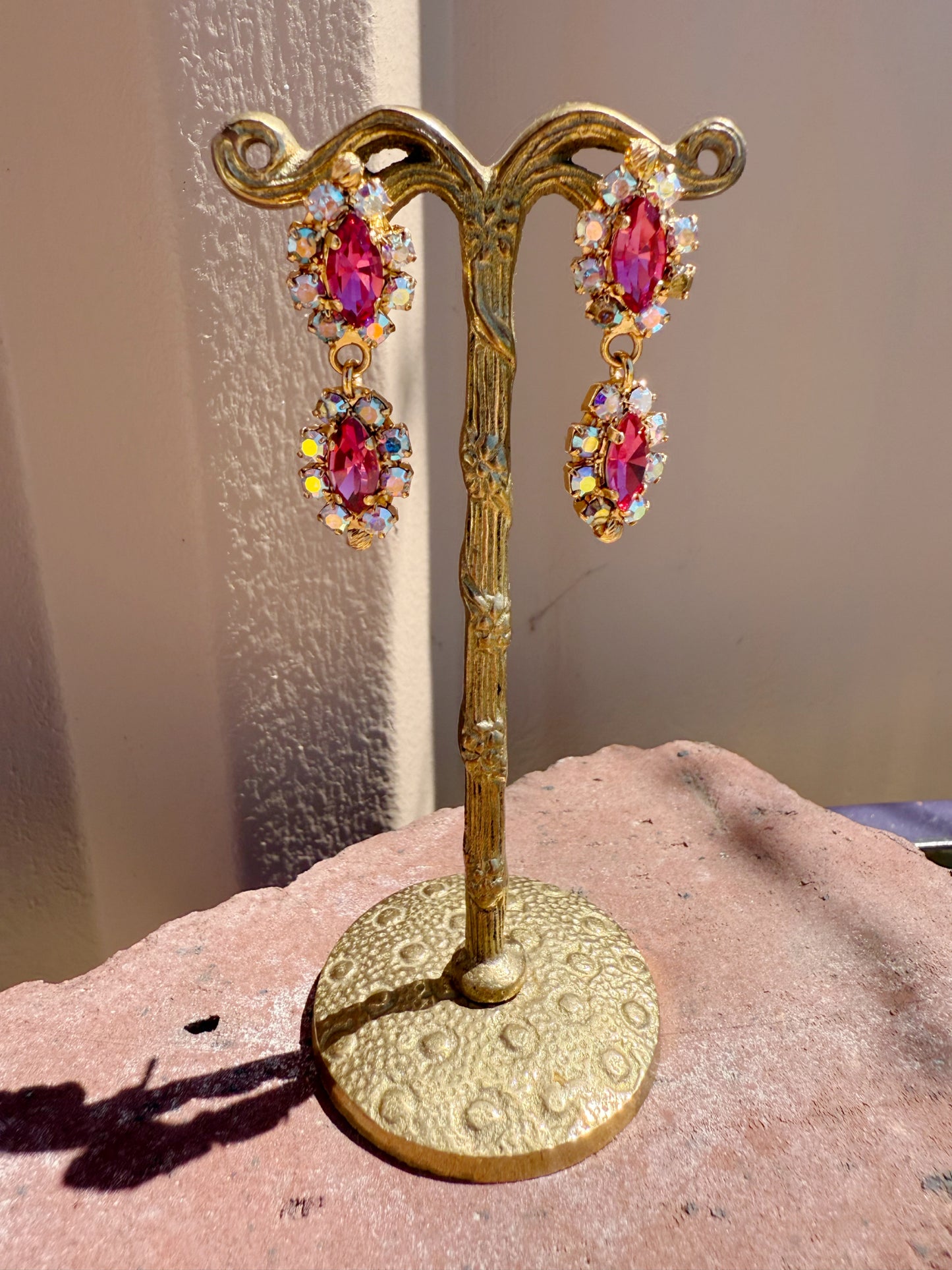 Pink and Aurora Borealis Dangle Earrings