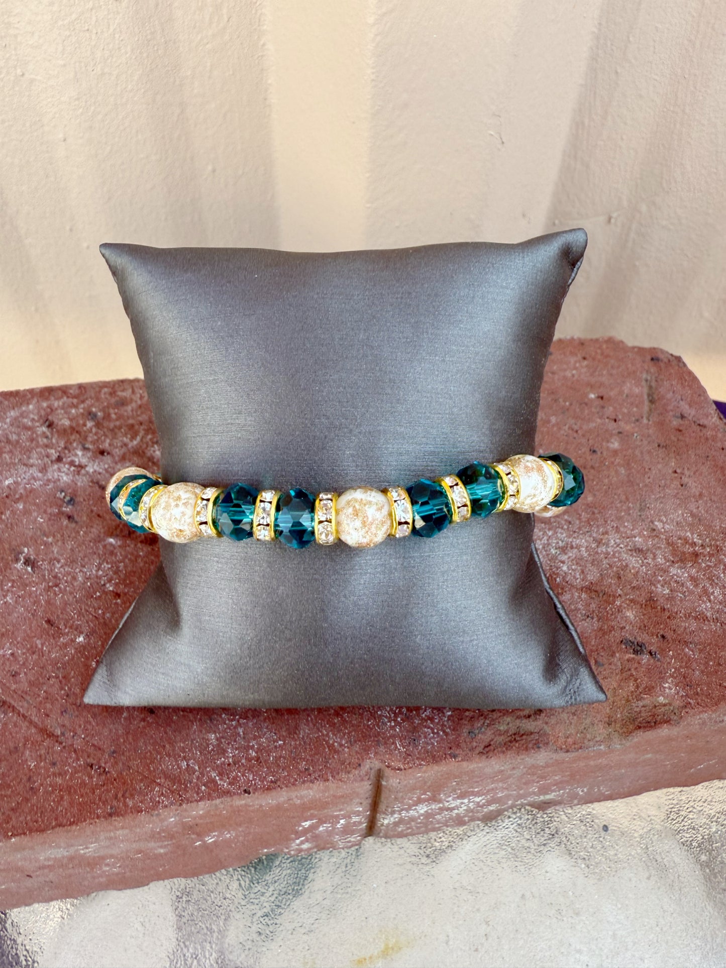 Murano Bead Stretch Bracelet-- Teal, white/gold marble, and gold accents