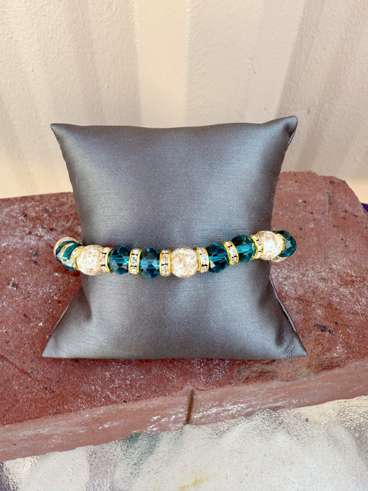 Murano Bead Stretch Bracelet-- Teal, white/gold marble, and gold accents
