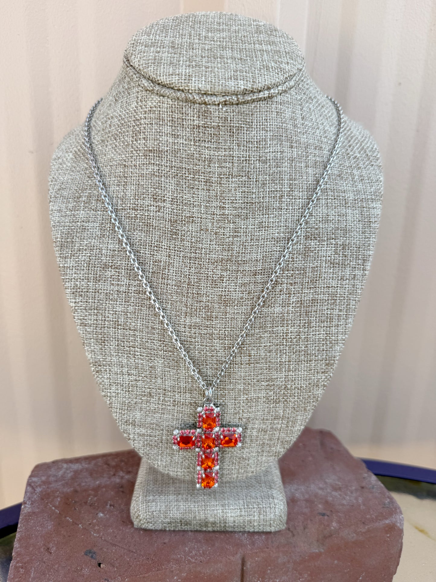MonnaLuna Cross Necklace-- Orange on silver