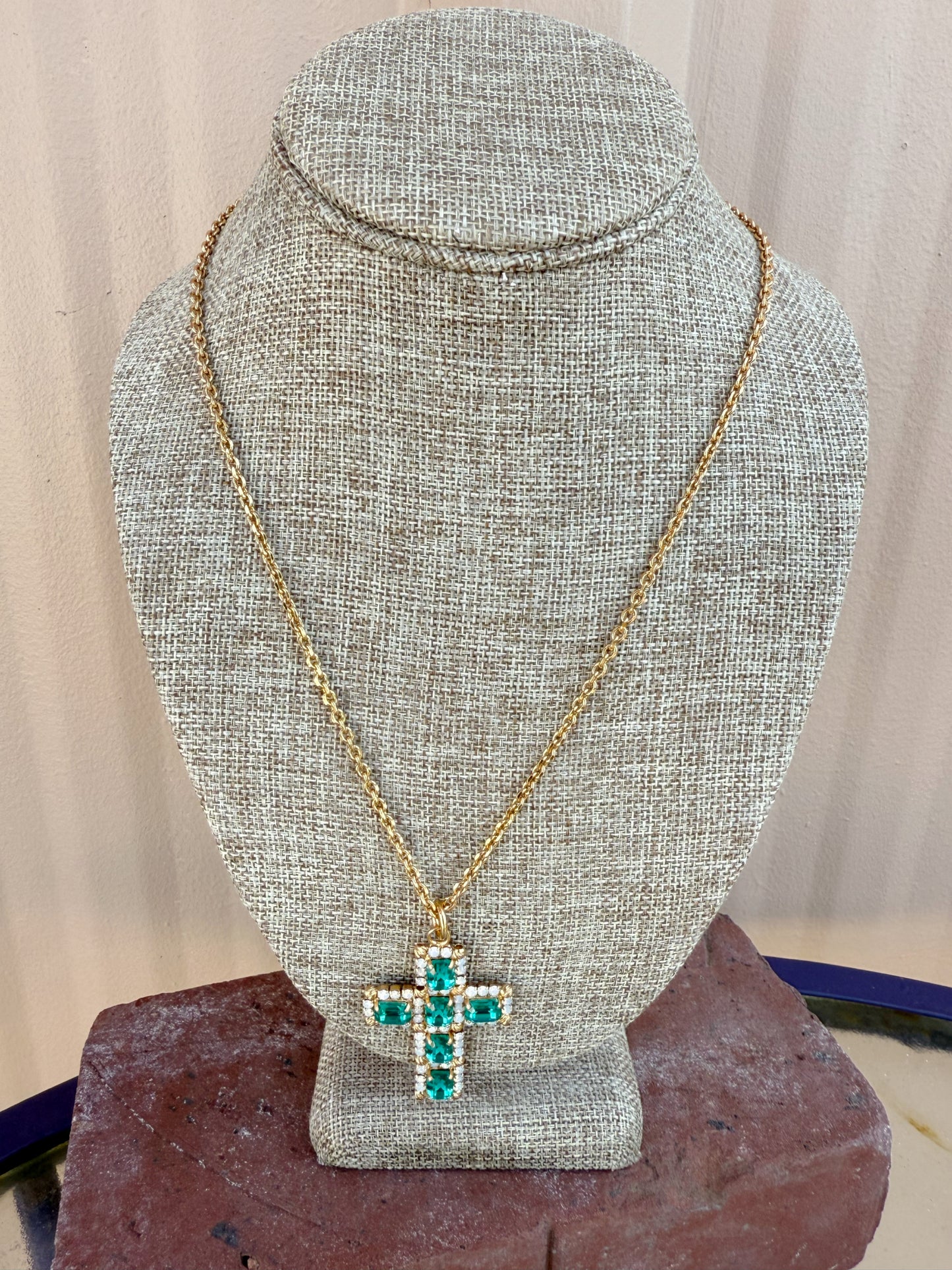 MonnaLuna Cross Necklace-- Teal on gold