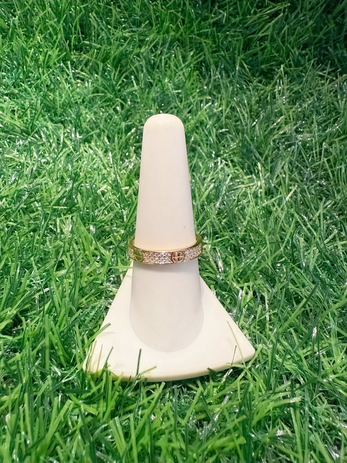 Small Gold Love Ring with Clear Stones
