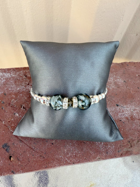 Murano Bead Wrap Bracelet-- Grey with white marble with silver