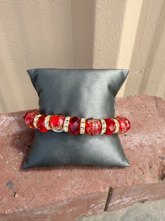Murano Bead Stretch Bracelet-- Red with gold accents