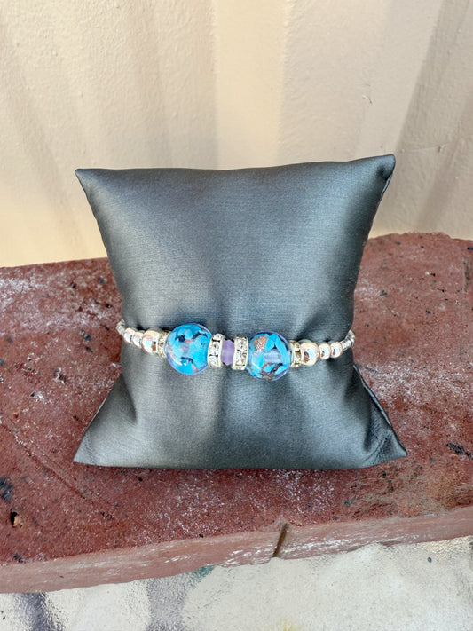Murano Bead Wrap Bracelet-- Blue marble with silver