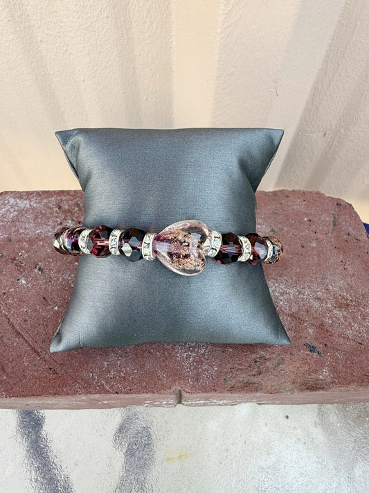 Murano Glass Bead Heart Bracelet-- Dark Purple