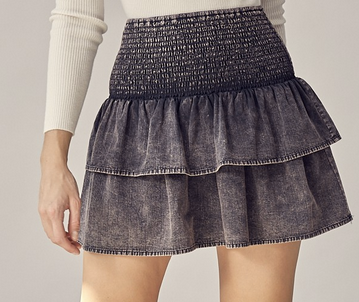 Acid wash denim tiered mini skirt