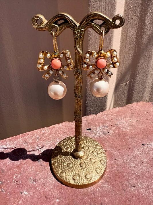 Coral Dangle Pearl Bow Earrings