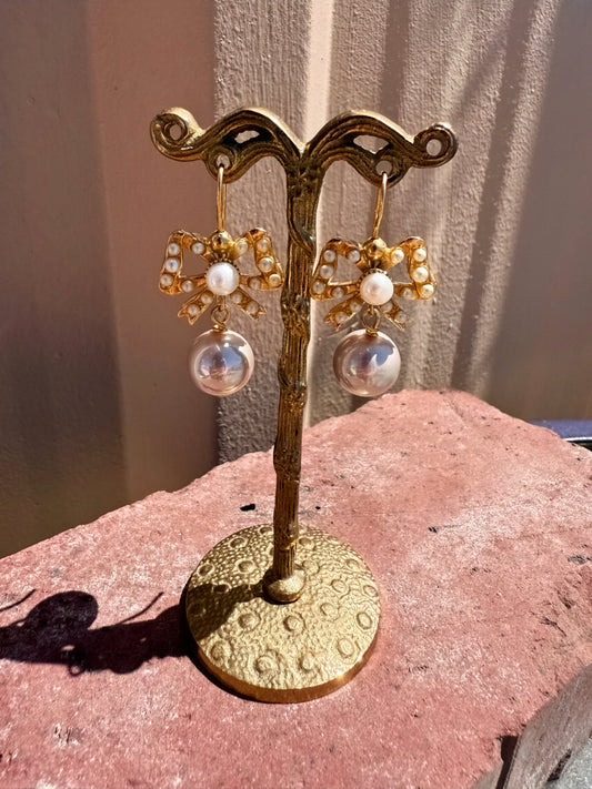 White Dangle Pearl Bow Earrings