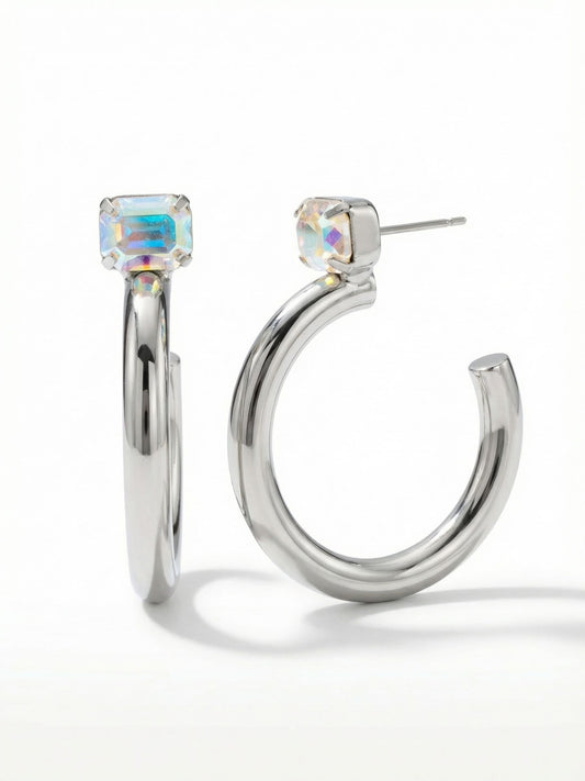 Sorrelli Crystal Aurora Borealis Keeley Emerald Cut Hoop Earrings