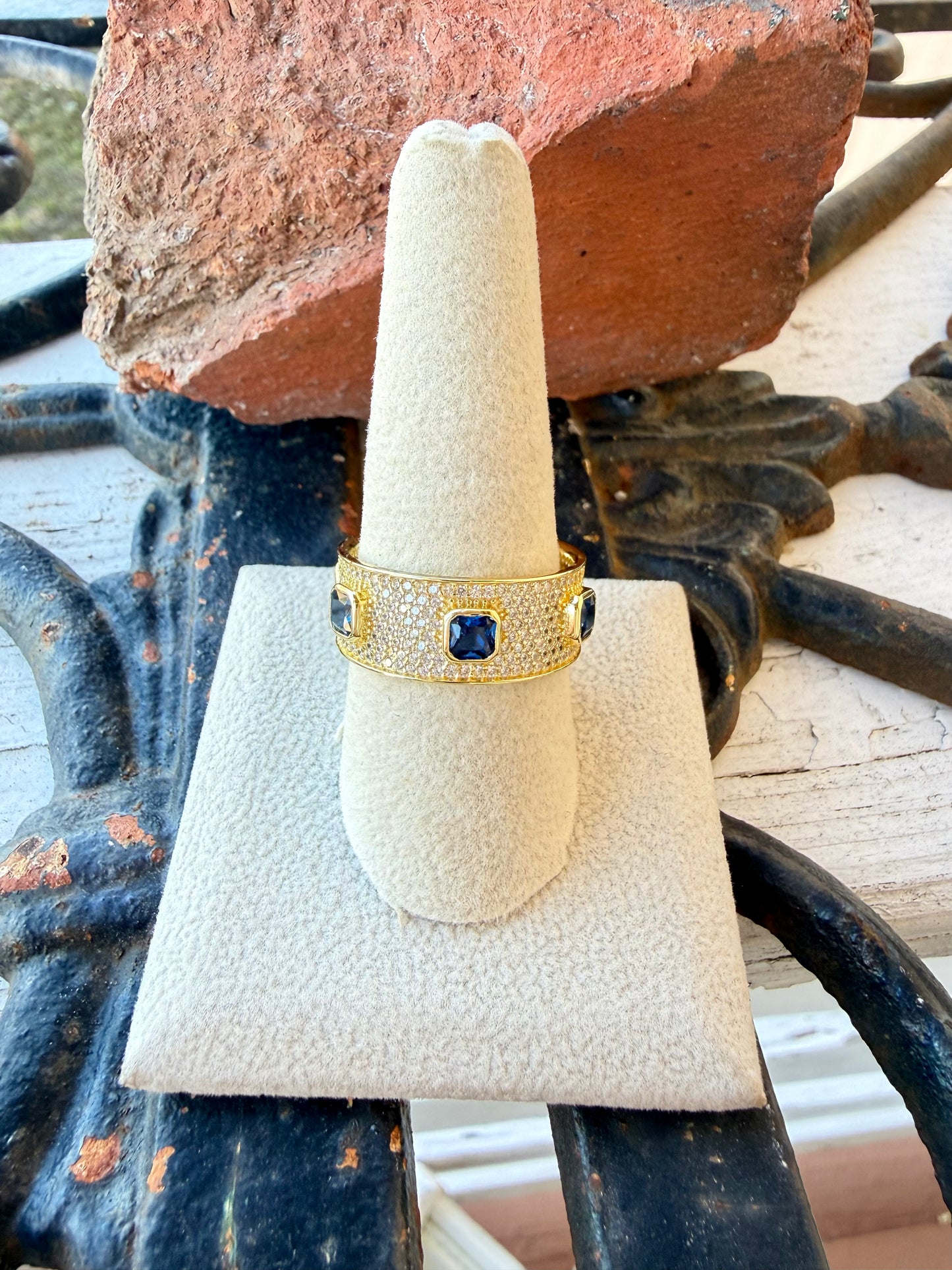 Sterling Thick Gold Band with Blue Stones