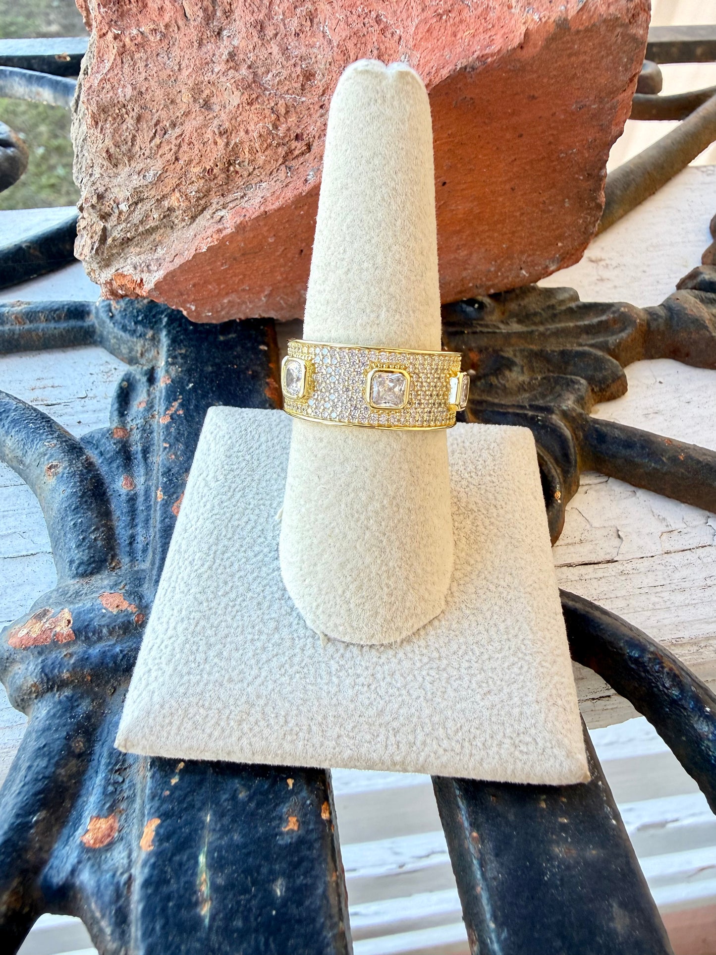 Sterling Thick Gold Band with Clear Stones