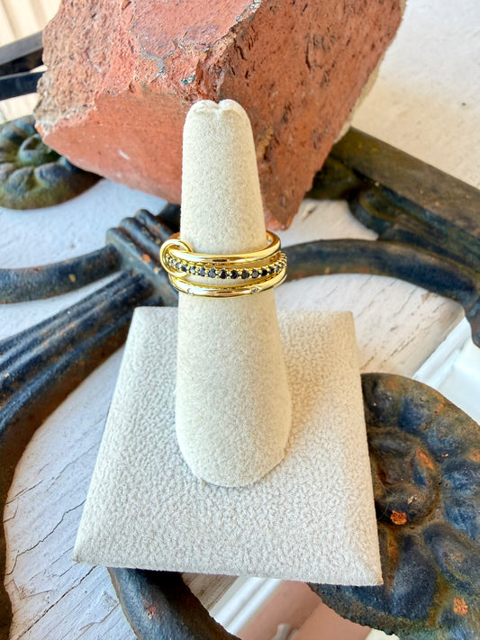 Sterling Gold Stacking Ring with Black Stones