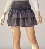 Acid wash denim tiered mini skirt